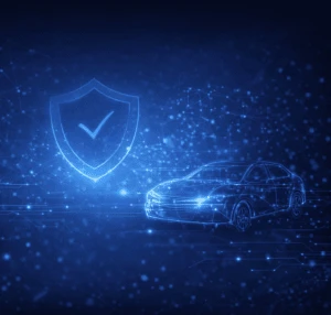 Autonomous vehicle and industrial robot connected through a digital network with a central safety shield, representing AI safety requirements and system-level assurance in ISO/PAS 8800