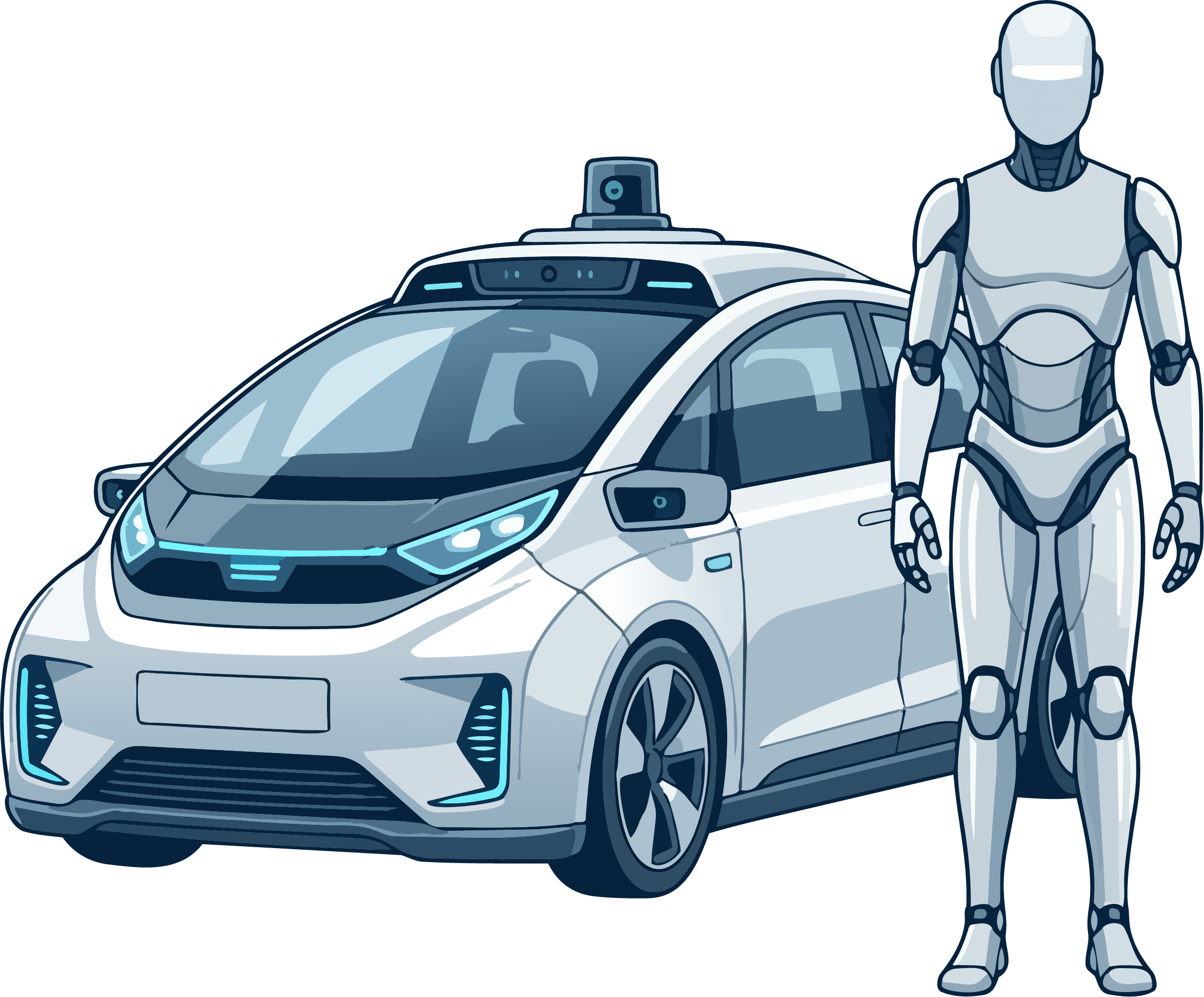 Autonomous vehicle and humanoid robot representing AI-driven automotive and robotics systems