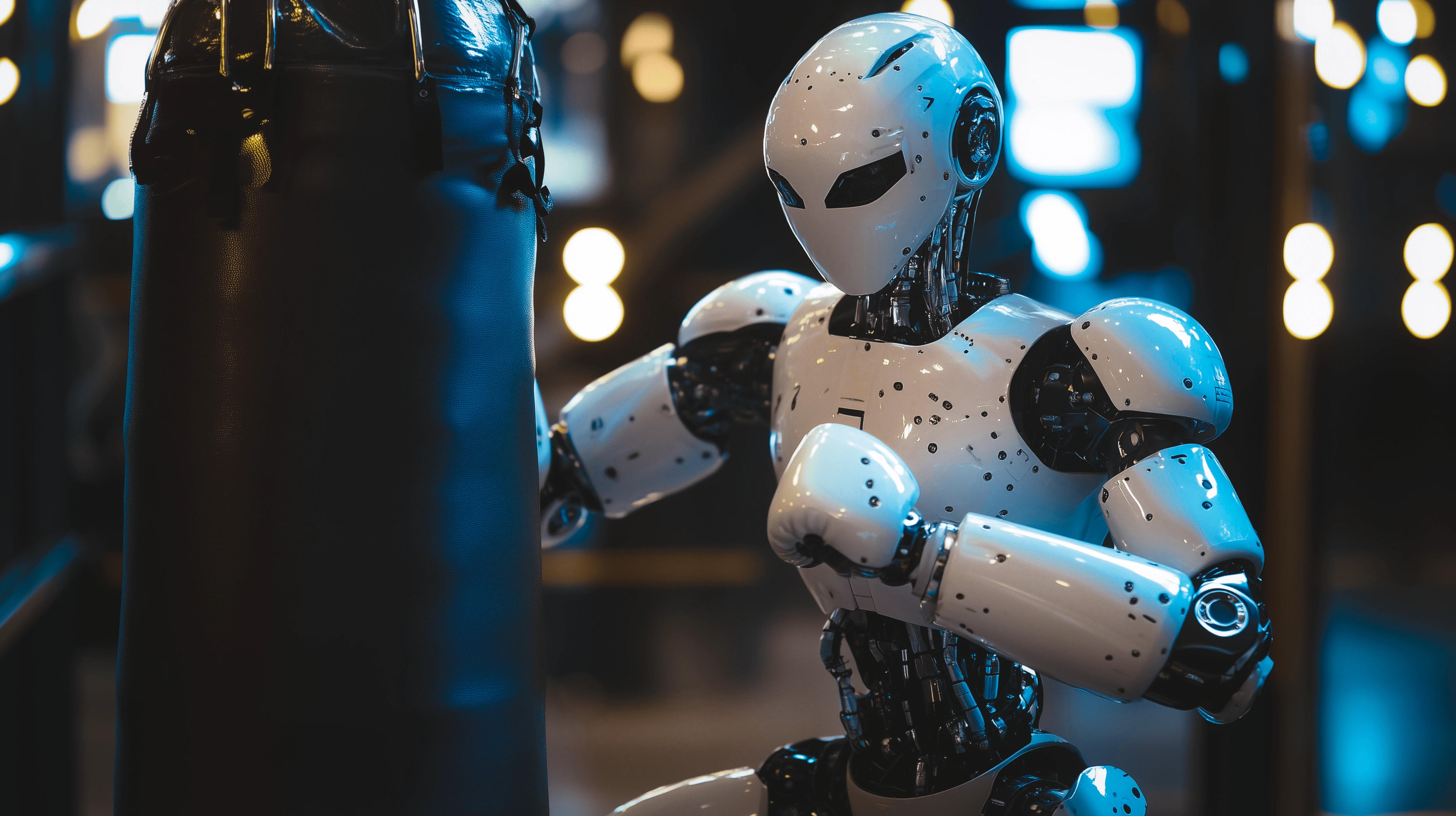 Humanoid robot squares up a punching bag.