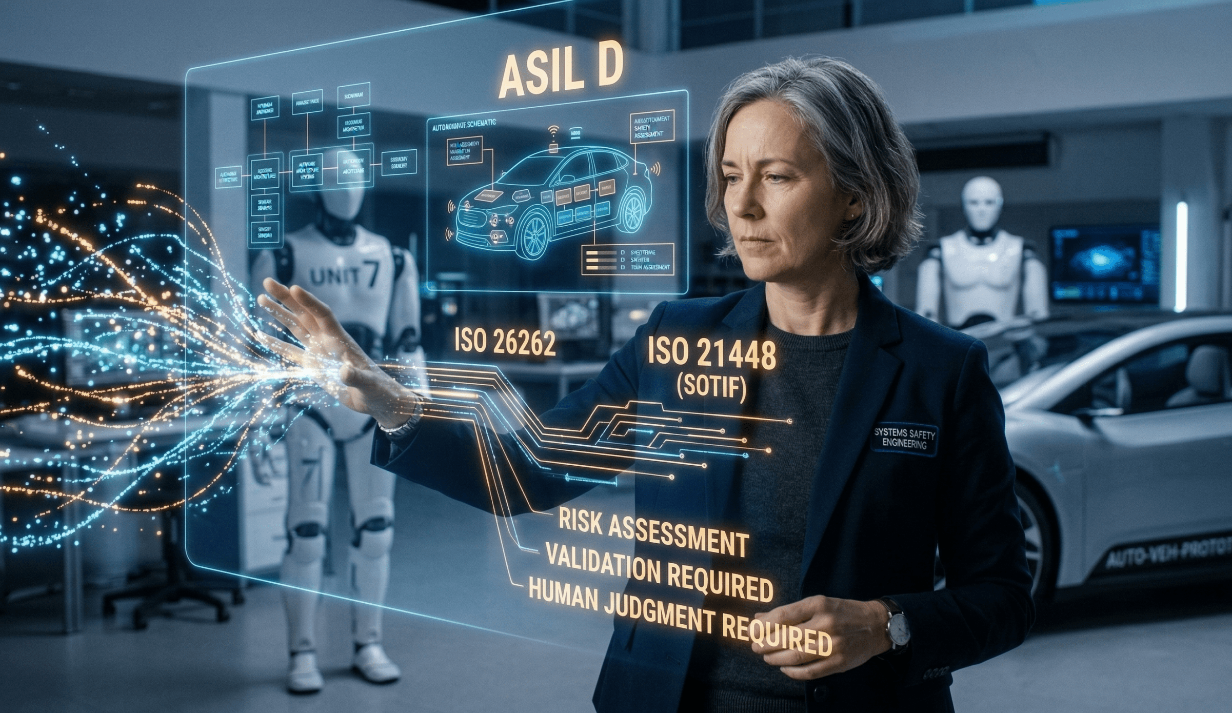 Systems safety engineer evaluating AI outputs under ISO 26262 and ISO 21448 (SOTIF) with ASIL D risk assessment requiring human validation.
