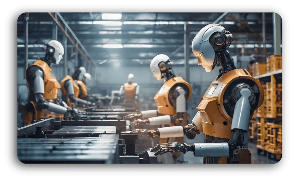 Humanoid robots operating in an industrial environment, illustrating functional safety challenges in shared human–robot workspaces