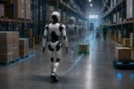 Humanoid robot navigating a warehouse aisle with subtle perception overlays, detected objects, and ghosted motion trails representing validation and testing of autonomous behavior.