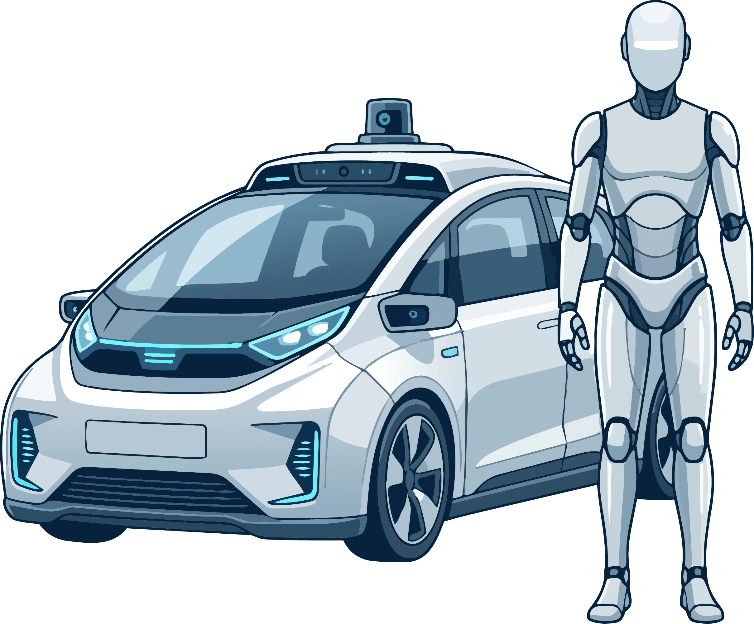 Autonomous vehicle and humanoid robot representing AI-driven automotive and robotics systems