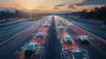 Highway filled with autonomous vehicles visualized with digital overlays, representing vehicle connectivity and data flow at sunset.
