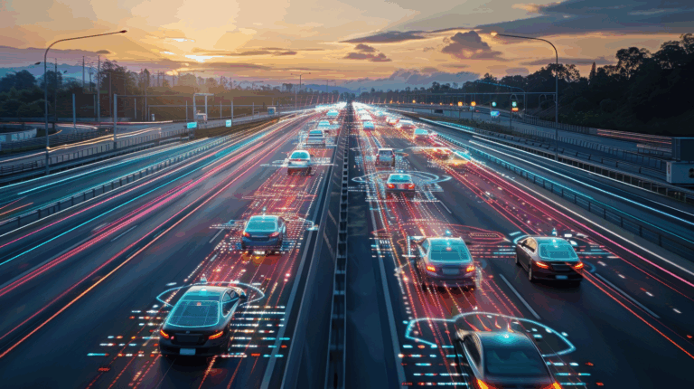 Highway filled with autonomous vehicles visualized with digital overlays, representing vehicle connectivity and data flow at sunset.