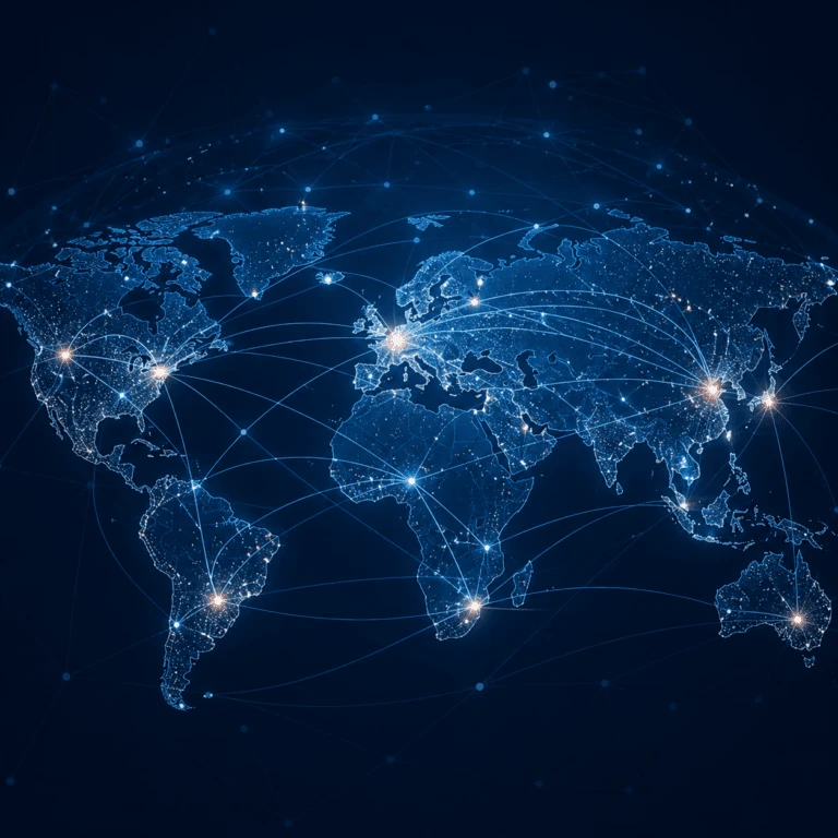 Global network visualization representing connected safety-critical systems across automotive, AI, and robotics domains