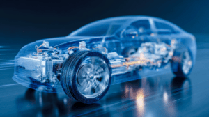 Transparent 3D car model showing internal systems and components, illustrating item-level and system-level structure relevant to ISO 26262 Edition 3 updates.