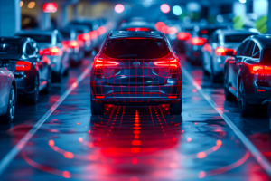 Smart car in traffic with illuminated AI sensor grid, symbolizing intelligent automotive systems and digital safety features – SRES SafeStack January 2026