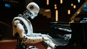 Humanoid robot playing piano, representing advanced robotic capability and emerging safety considerations