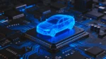Holographic car model on a microchip, representing embedded automotive systems and safety integration.