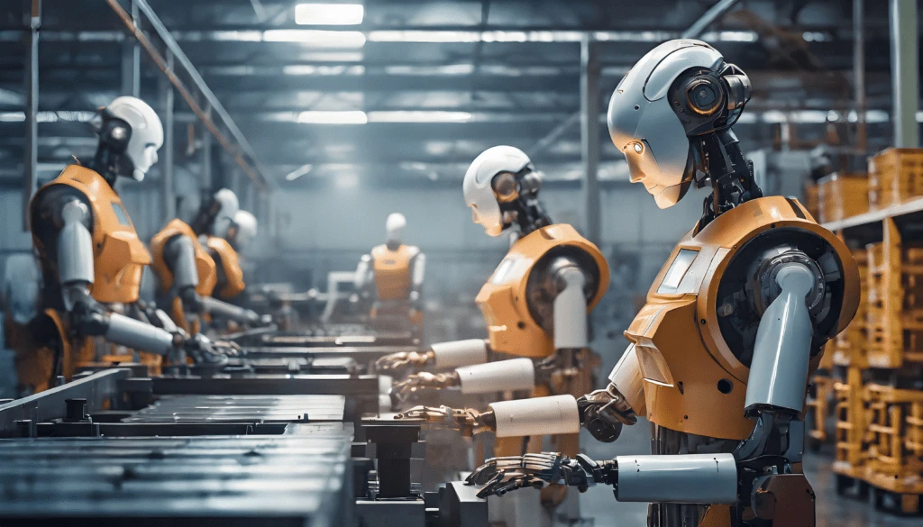 Humanoid robots operating in an industrial environment, illustrating functional safety challenges in shared human–robot workspaces