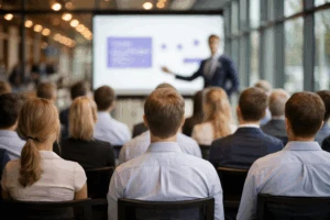 A group of engineers attending a professional training session on ISO 26262 automotive functional safety, with an instructor presenting at the front of the room.