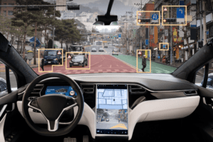 Illustration of an autonomous vehicle’s AI system identifying pedestrians, traffic signals, and other vehicles on a busy urban street.