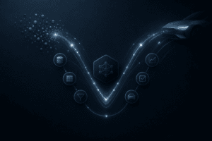 Abstract visualization of an AI safety lifecycle V-model with data flow, system nodes, and iterative loop, representing AI and dataset lifecycles in automotive systems.