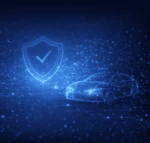 Autonomous vehicle and industrial robot connected through a digital network with a central safety shield, representing AI safety requirements and system-level assurance in ISO/PAS 8800