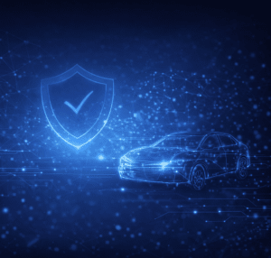 Autonomous vehicle and industrial robot connected through a digital network with a central safety shield, representing AI safety requirements and system-level assurance in ISO/PAS 8800