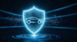 Automotive cybersecurity concept with a digital car inside a shield and circuit connections