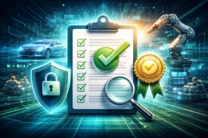 Conceptual illustration of AI safety certification showing a checklist under review with a magnifying glass, alongside an autonomous vehicle, robotic arm, and security shield representing AI assurance and auditing.