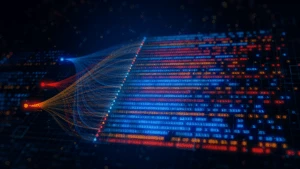 Abstract visualization of machine learning dataset structure and data pipelines representing dataset governance and validation under ISO/PAS 8800.