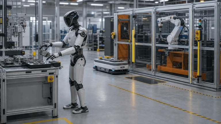 Humanoid robot, autonomous mobile robot, and industrial robotic arm operating in a safeguarded robotics validation facility.