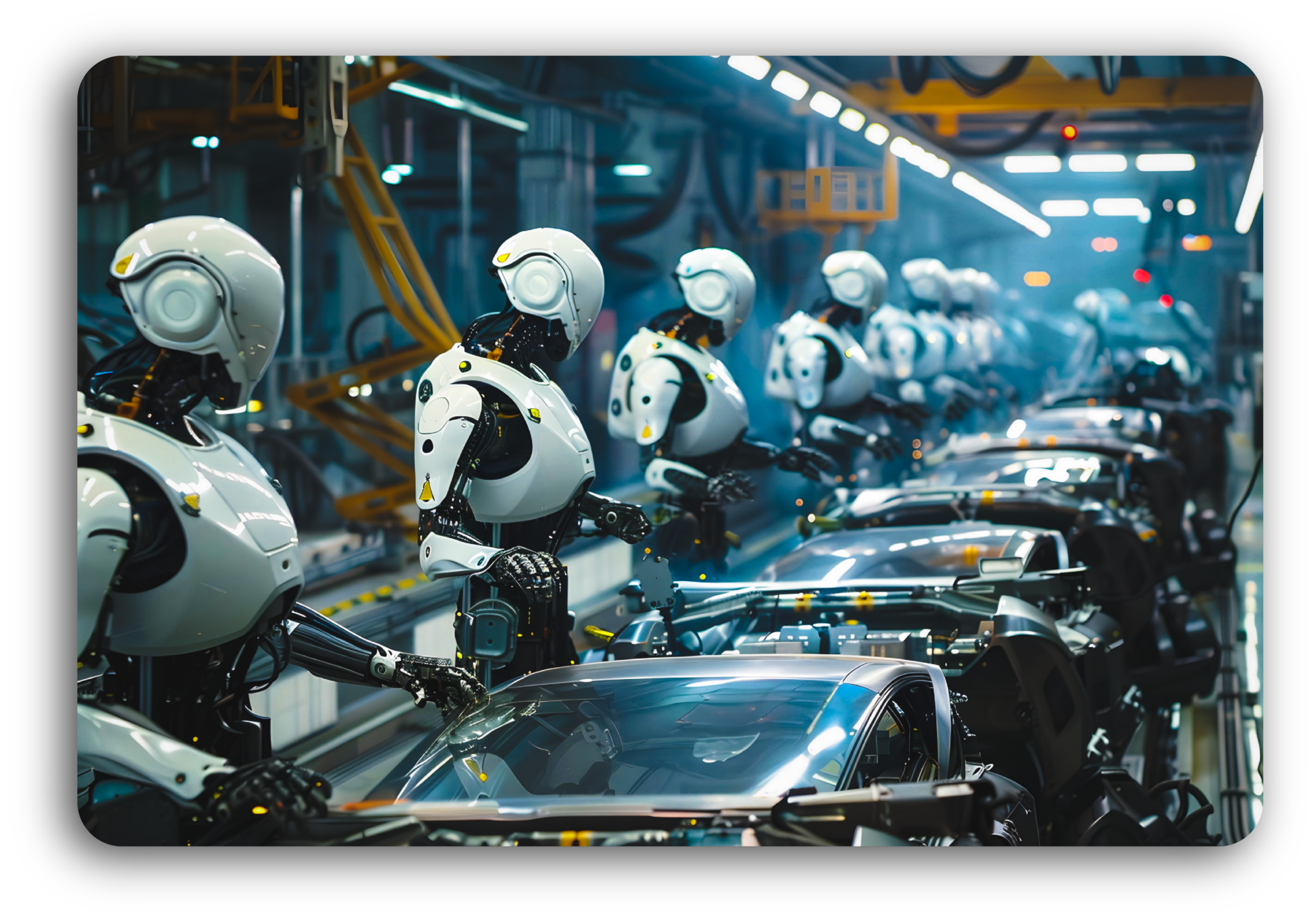 Humanoid robots operating in an industrial manufacturing environment alongside vehicles