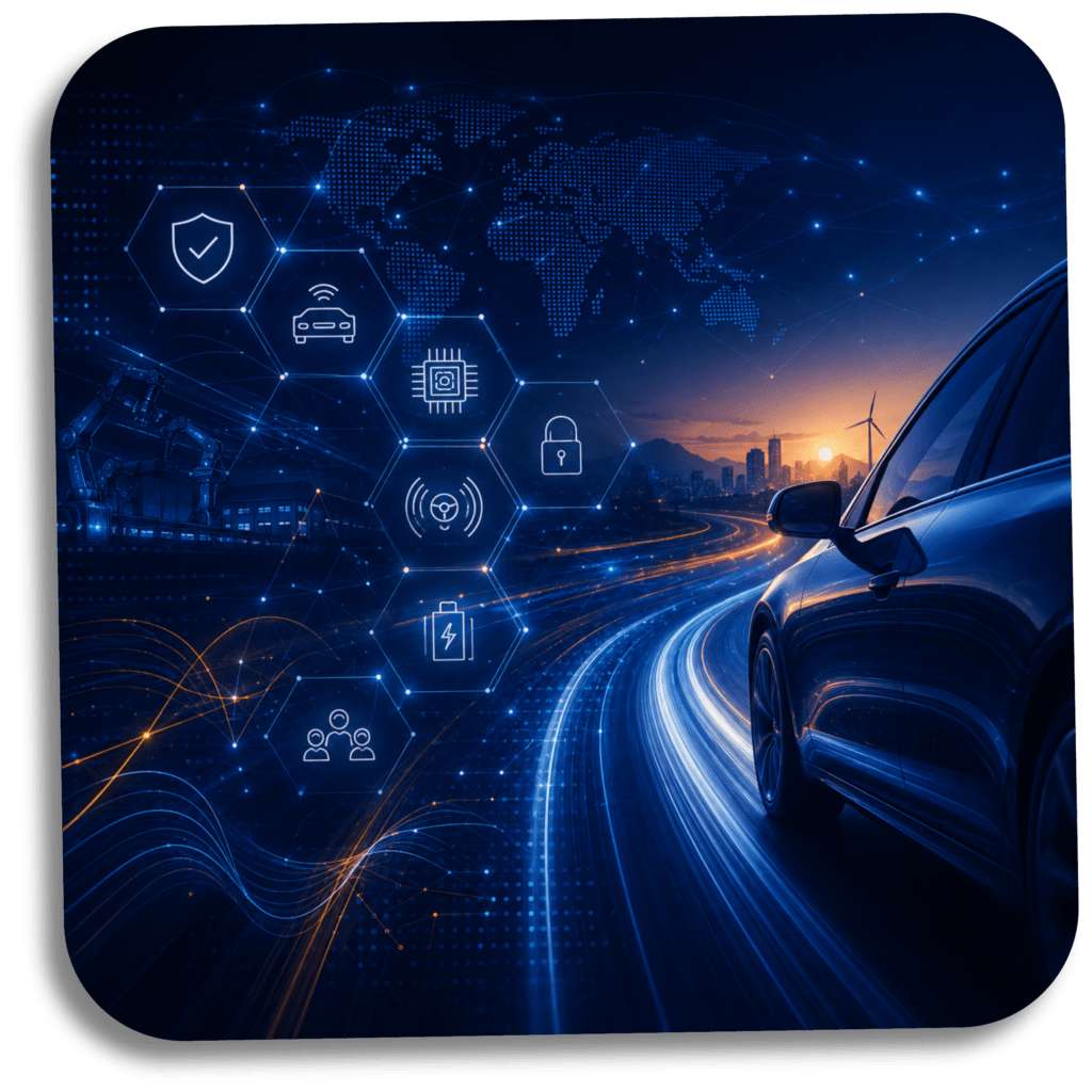 Automotive safety consulting concept featuring a connected vehicle with digital networks representing functional safety, AI safety, cybersecurity, autonomous systems, and software-defined vehicle technologies.