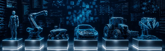 Digital illustration of robotics, autonomous vehicles, agriculture, and AI-enabled systems connected through data and validation technologies