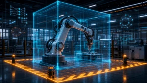 Industrial robotic arm with a digital twin safety overlay in an automated factory