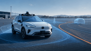 Autonomous test vehicle evaluating road-user scenarios on a controlled test track.