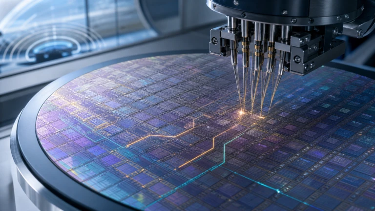 Precision probe system performing electrical testing on dies across a semiconductor wafer