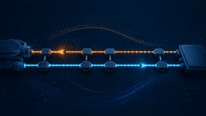 Digital illustration of two redundant system paths with multiple connected components and highlighted failure points.