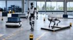 Humanoid, quadruped, and autonomous mobile robots undergoing safety validation in a robotics testing facility