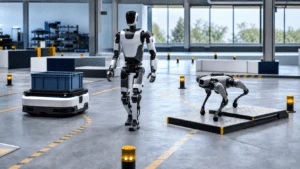 Humanoid, quadruped, and autonomous mobile robots undergoing safety validation in a robotics testing facility