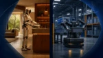 Split image showing a humanoid robot in a home and a wheeled general-purpose robot handling a tote in an industrial facility.
