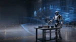 Humanoid robot in a test environment with visualized perception paths and simulated future actions