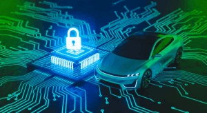 A car depicted on a circuit board next to a lock icon, indicating automotive cybersecurity.
