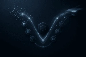 Abstract visualization of an AI safety lifecycle V-model with data flow, system nodes, and iterative loop, representing AI and dataset lifecycles in automotive systems.