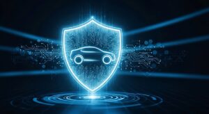 Automotive cybersecurity concept with a digital car inside a shield and circuit connections
