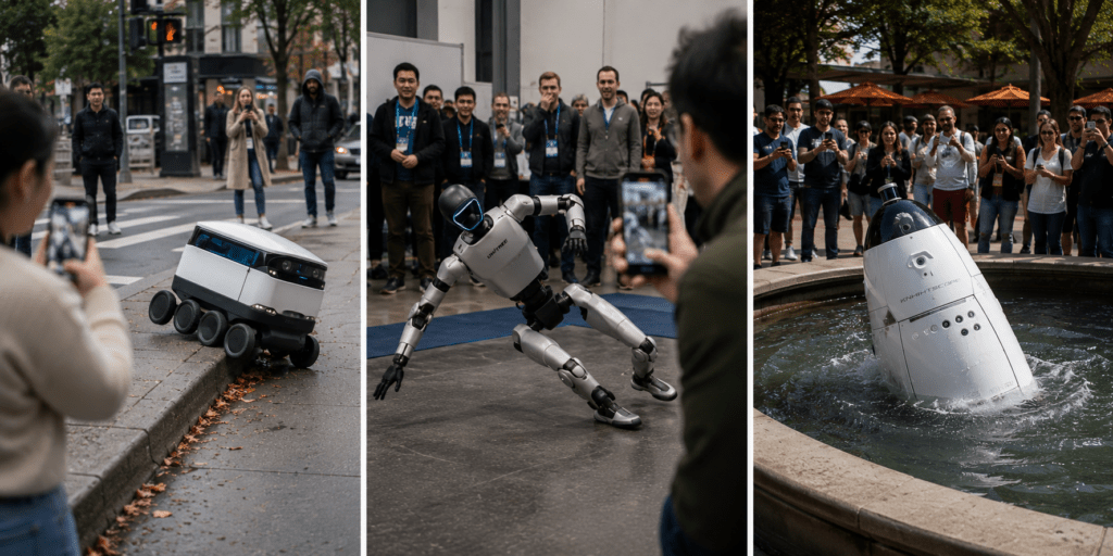 Collage showing a delivery robot stuck at a curb, a humanoid robot losing its balance, and a security robot tipped into a fountain while bystanders watch and record the incidents.