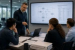 Engineering team conducting an ISO 26262 functional safety assessment and technical review in a modern conference room.
