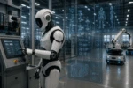Humanoid robot operating an industrial control console in a connected manufacturing facility with cybersecurity engineering overlays for EU Cyber Resilience Act (CRA) Training.