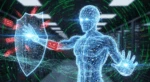 Digital illustration of a humanoid robot protected by a cybersecurity shield, representing the EU Cyber Resilience Act and cybersecurity for connected robotic systems.