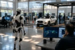 Humanoid robot and autonomous vehicle in an engineering facility supporting Physical AI and safety-critical system development.