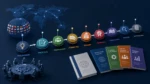 Illustration representing the ISO standards development process, showing a collaborative international standards committee, a staged publication workflow from proposal to publication and review, and different ISO publication types against a global collaboration backdrop.