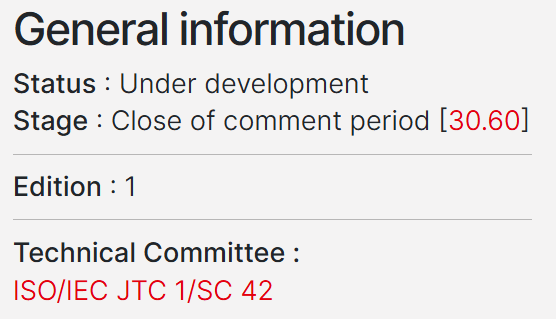 General information for ISO/IEC CD TS 22440-1 showing development status, stage code 30.60, edition, and responsible technical committee.