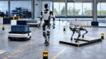 Humanoid, quadruped, and autonomous mobile robots undergoing safety validation in a robotics testing facility