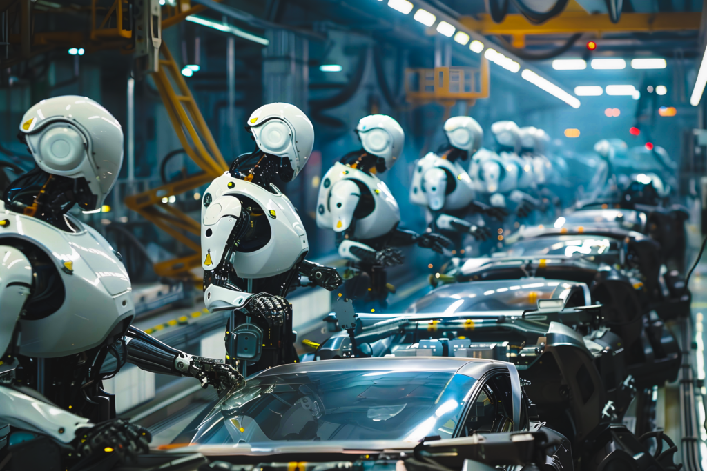 Humanoid robots operating in an industrial manufacturing environment alongside vehicles