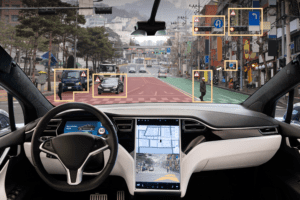 Illustration of an autonomous vehicle’s AI system identifying pedestrians, traffic signals, and other vehicles on a busy urban street.