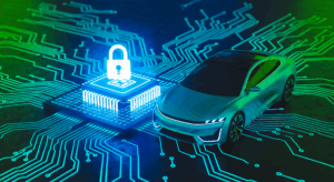 A car depicted on a circuit board next to a lock icon, indicating automotive cybersecurity.
