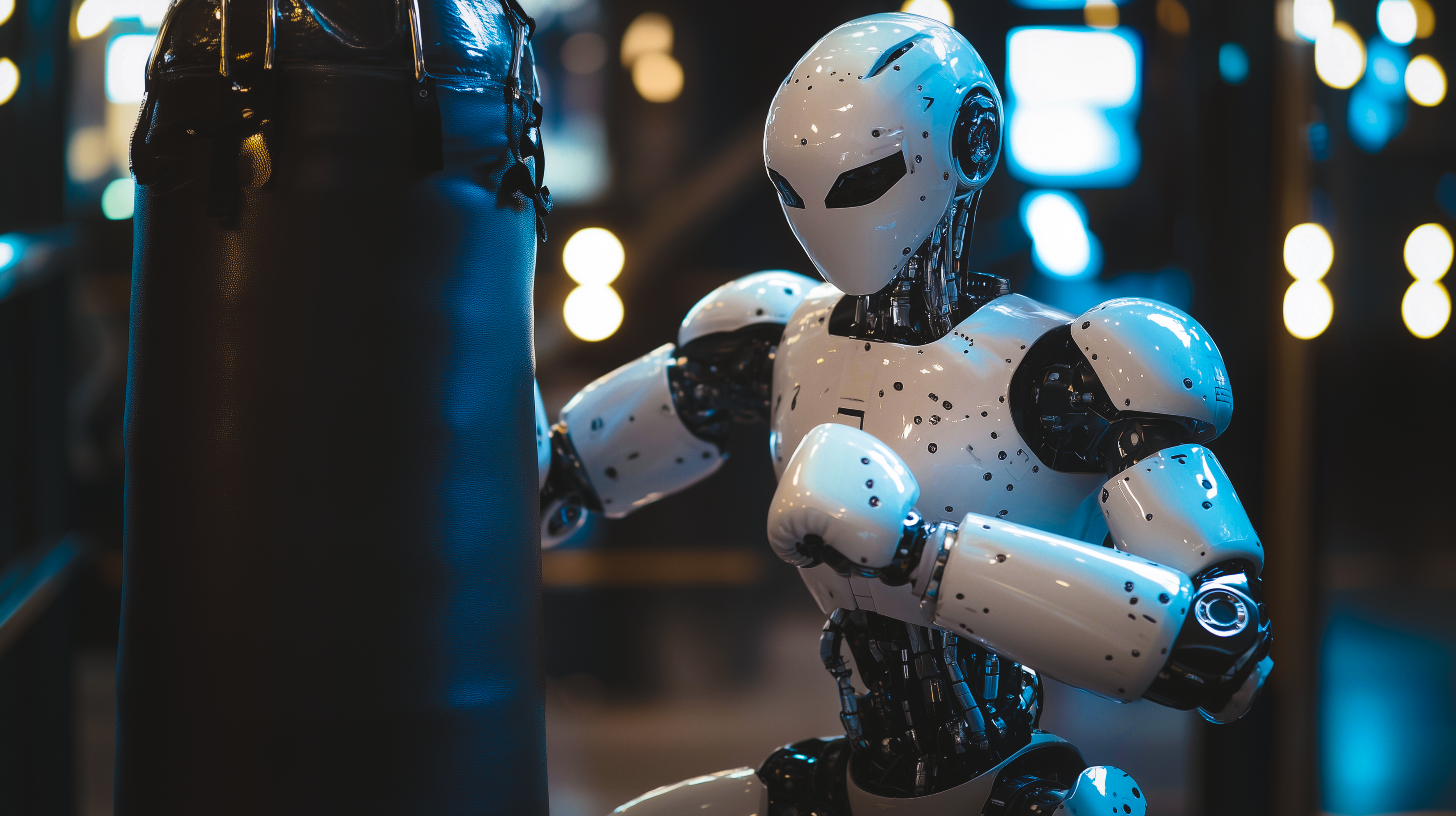 Humanoid robot squares up a punching bag.